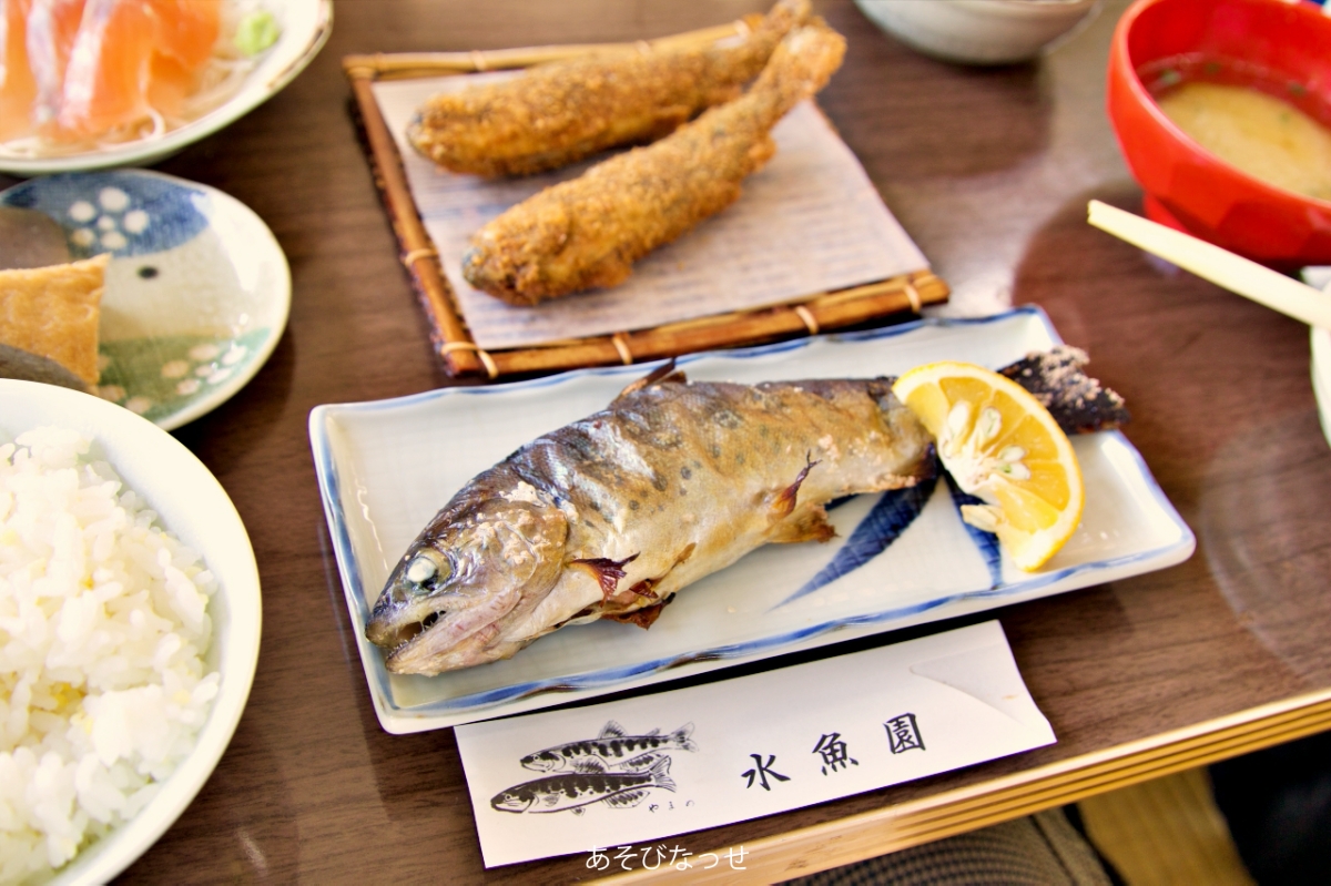 産山水魚園 水上レストランの やまめ定食 ランチが最高 山吹水源近くのヤマメ養殖場 あそびなっせ